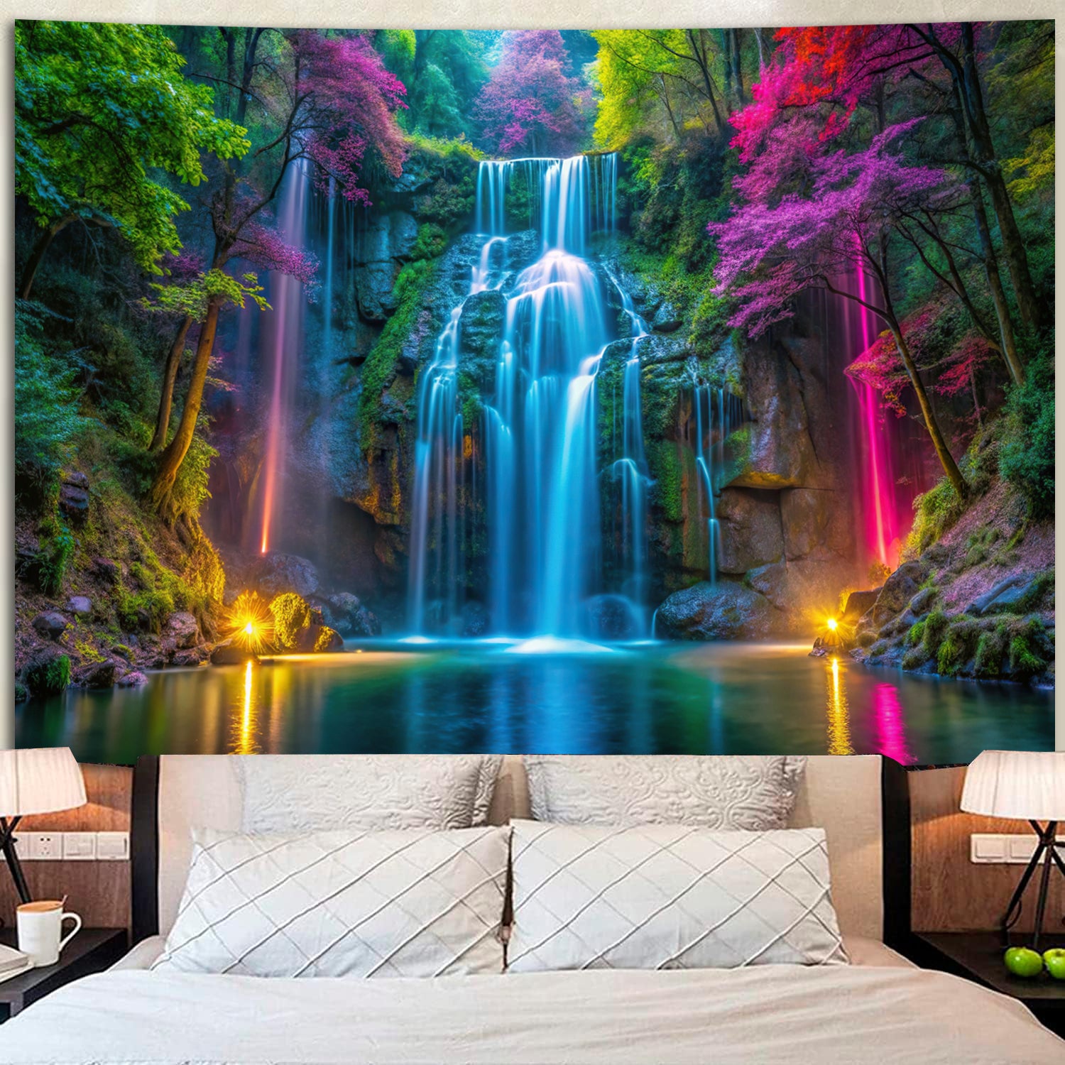 Neon waterfall tapestry glowing in party room, vibrant UV wall hanging, ambient decor