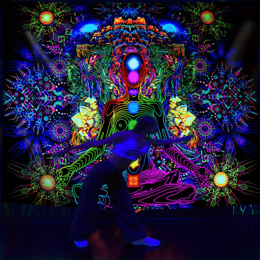Simpkeely Meditation Relaxed Blacklight Tapestry, Large Size Fluorescent Tapestry, Chakela UV Reactive Peach Skin Velvet Tapestry, Room Decor Aesthetic Wall Hanging For Living Room Bedroom Dorm Room Home Decor, With Free Installation Accessories