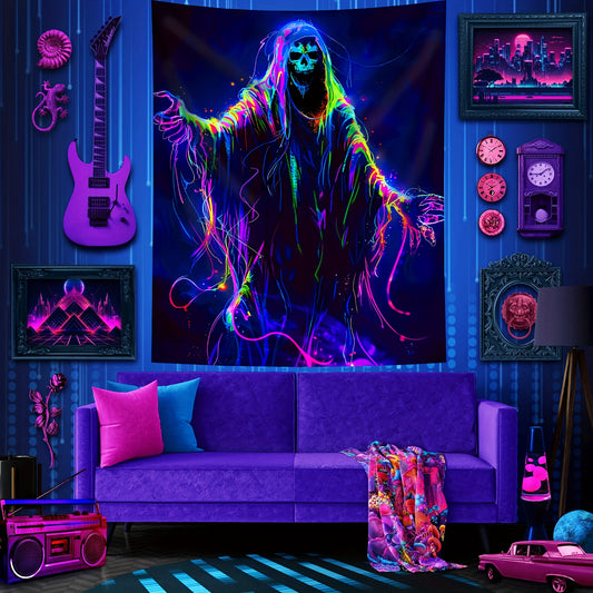 Simpkeely Colorful Line Skull UV Black Light Tapestry, Aesthetics Large Size Peach Skin Fluorescent Tapestry, Bedroom Aesthetic Hanging Tapestry For Bedroom Office Living Room Home Decor, With Free Accessories For Halloween Halloween decor