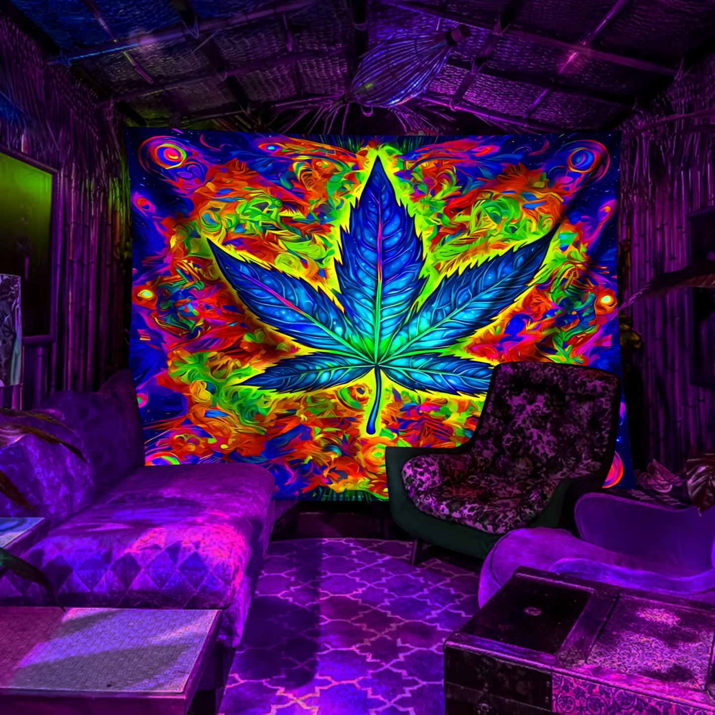 Simpkeely Large Leaf UV Blacklight Tapestry - Peach Skin Fluorescent Wall Hanging for Bedroom, Living Room & Office Decor - Perfect for Parties & Festivals, Room