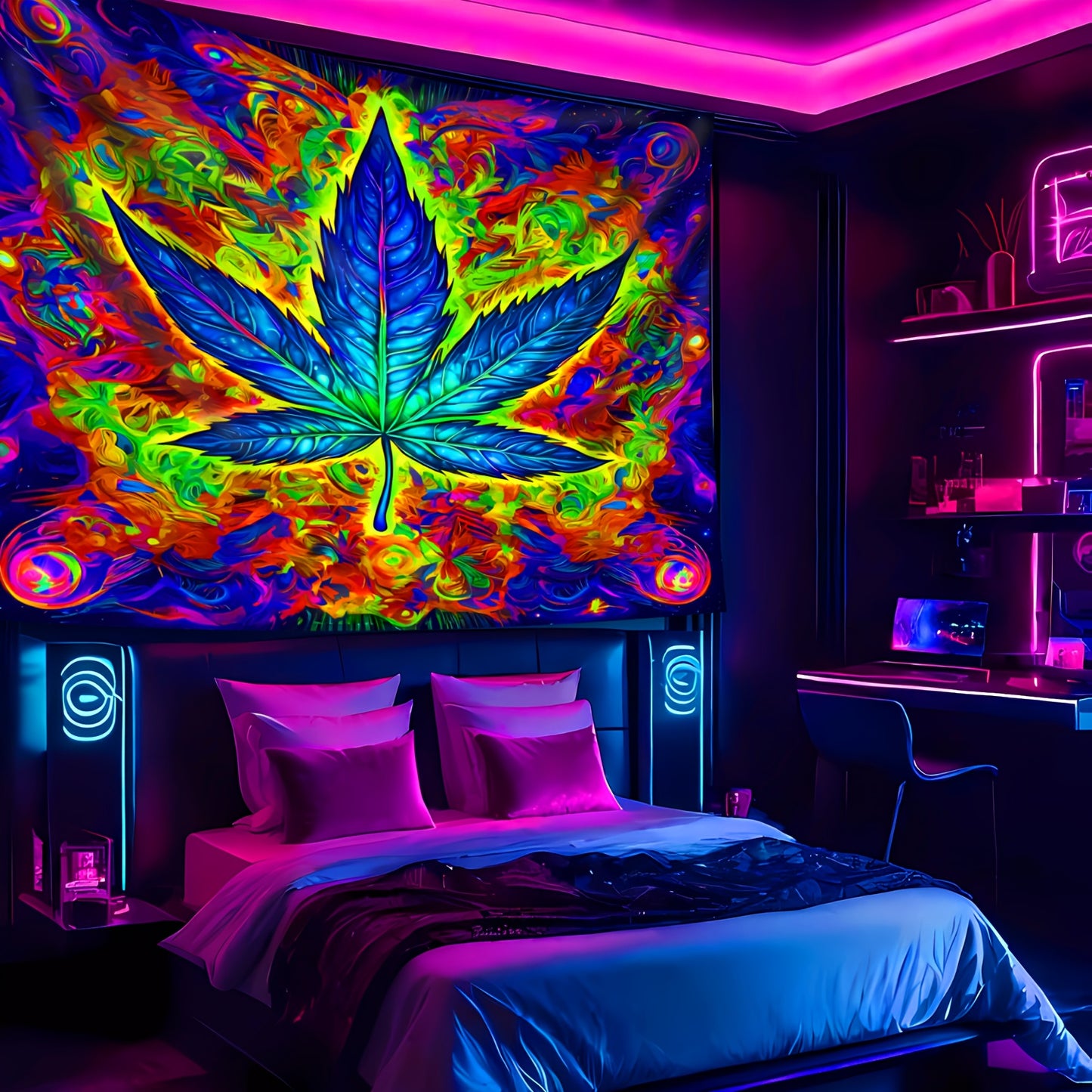 Simpkeely Large Leaf UV Blacklight Tapestry - Peach Skin Fluorescent Wall Hanging for Bedroom, Living Room & Office Decor - Perfect for Parties & Festivals, Room