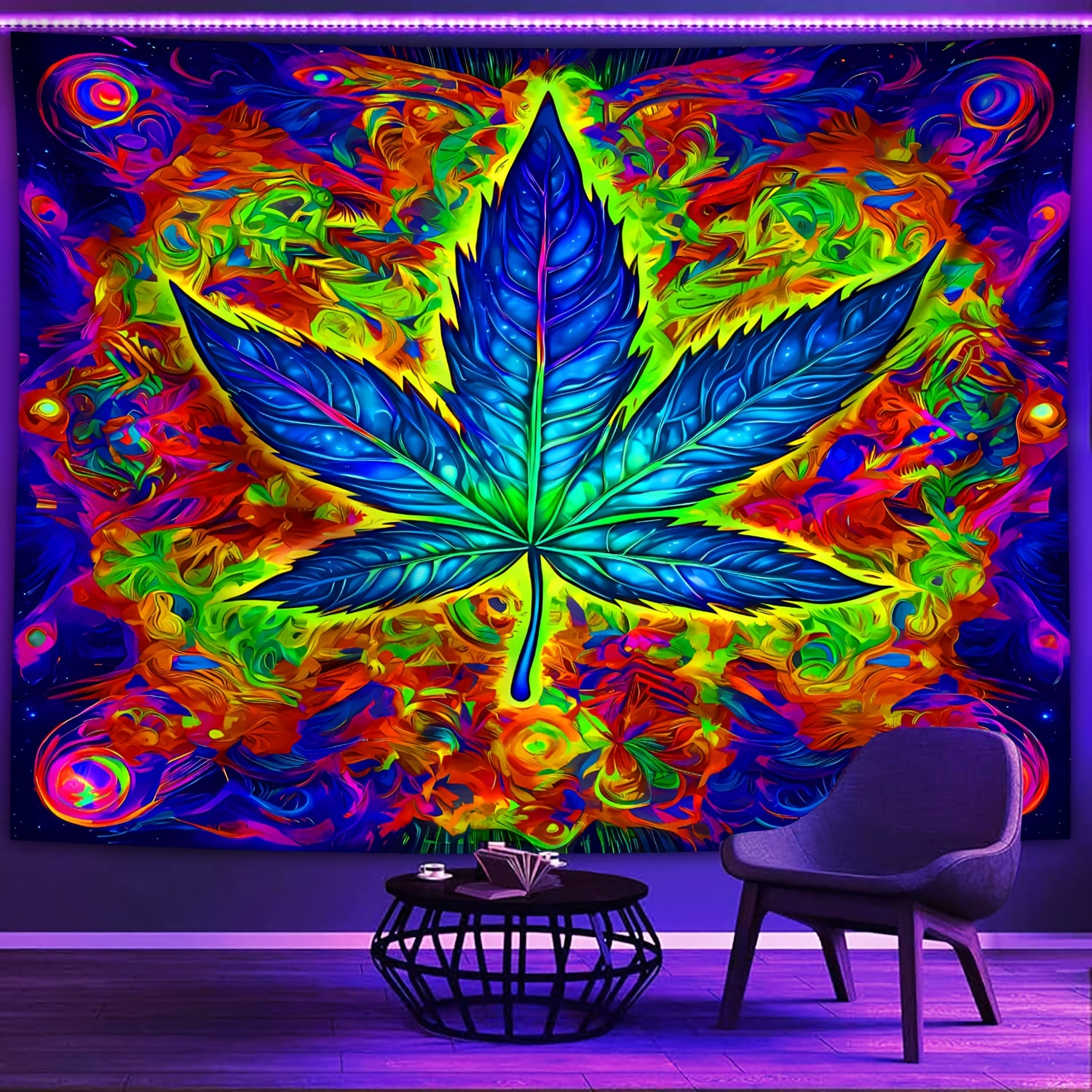 Simpkeely Large Leaf UV Blacklight Tapestry - Peach Skin Fluorescent Wall Hanging for Bedroom, Living Room & Office Decor - Perfect for Parties & Festivals, Room