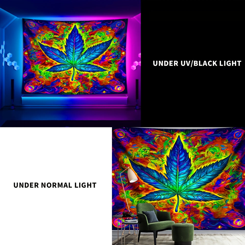 Simpkeely Large Leaf UV Blacklight Tapestry - Peach Skin Fluorescent Wall Hanging for Bedroom, Living Room & Office Decor - Perfect for Parties & Festivals, Room
