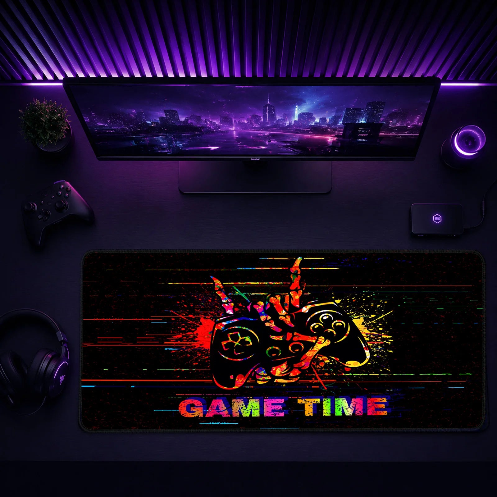 Game Time Glitch mouse pad on a gaming desk with keyboard and mouse.