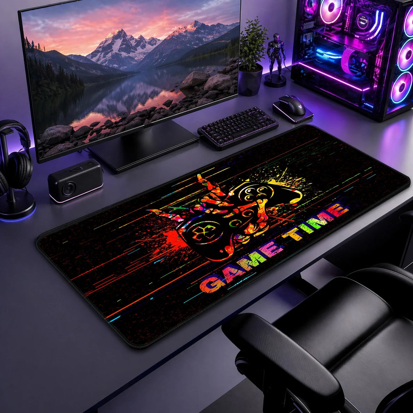 Streamer's desk featuring the vibrant Game Time Glitch blacklight mouse pad.