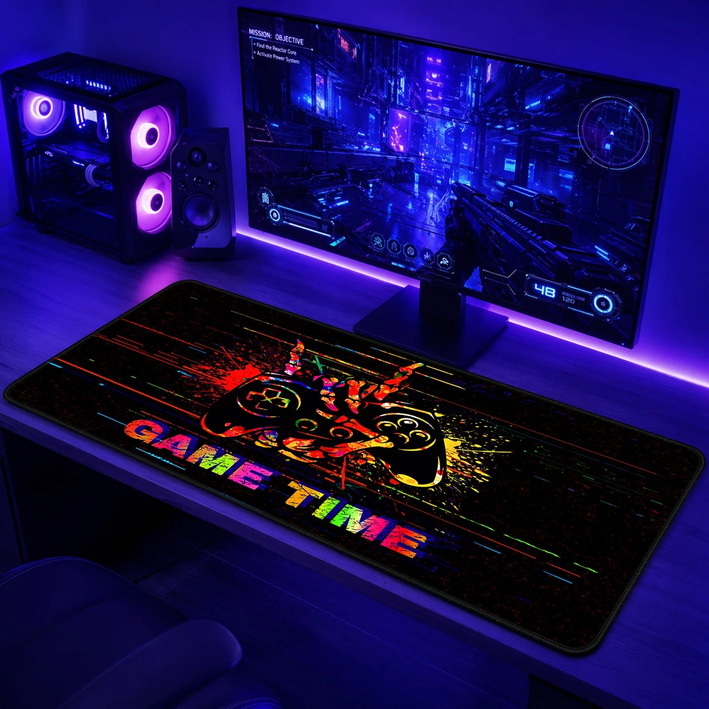 Game Time Glitch mouse pad glowing vibrantly under UV blacklight.