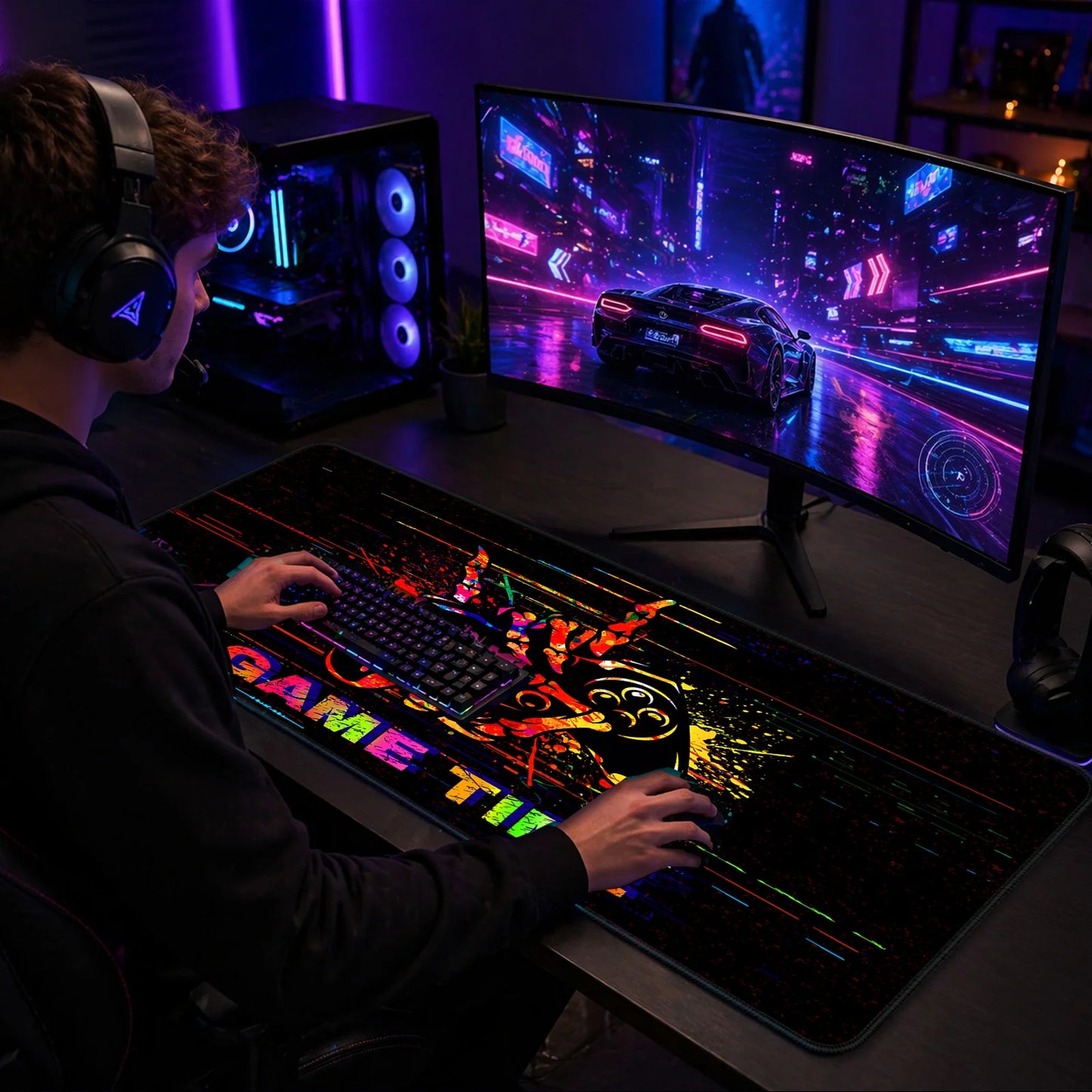 Full view of Simpkeely Game Time Glitch UV reactive gaming mouse pad.