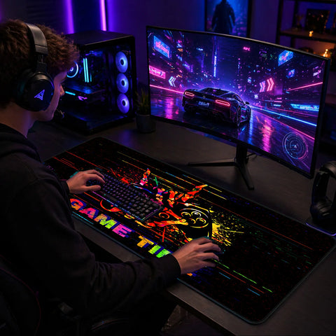 Full view of Simpkeely Game Time Glitch UV reactive gaming mouse pad.