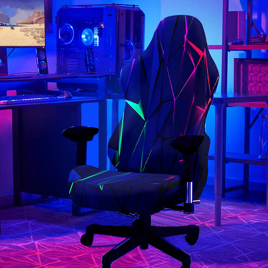 UV reactive neon gaming chair cover set on gaming chair, back and seat covers visible