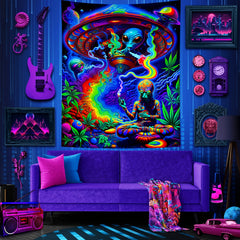 Simpkeely Alien Smoking UFO Glow In UV Light Tapestry, Large Size Peach Skin Fluorescent Tapestry, Bedroom Aesthetic Hanging Tapestry For Bedroom Office Living Room Home Decor, With Free Accessories