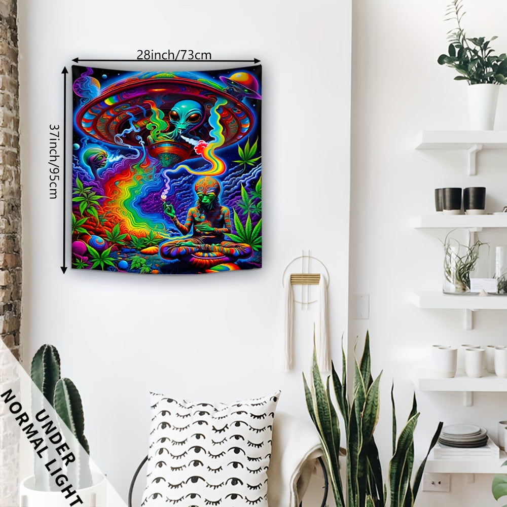 Simpkeely Alien Smoking UFO Glow In UV Light Tapestry, Large Size Peach Skin Fluorescent Tapestry, Bedroom Aesthetic Hanging Tapestry For Bedroom Office Living Room Home Decor, With Free Accessories