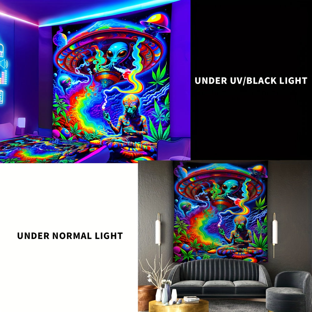 Simpkeely Alien Smoking UFO Glow In UV Light Tapestry, Large Size Peach Skin Fluorescent Tapestry, Bedroom Aesthetic Hanging Tapestry For Bedroom Office Living Room Home Decor, With Free Accessories