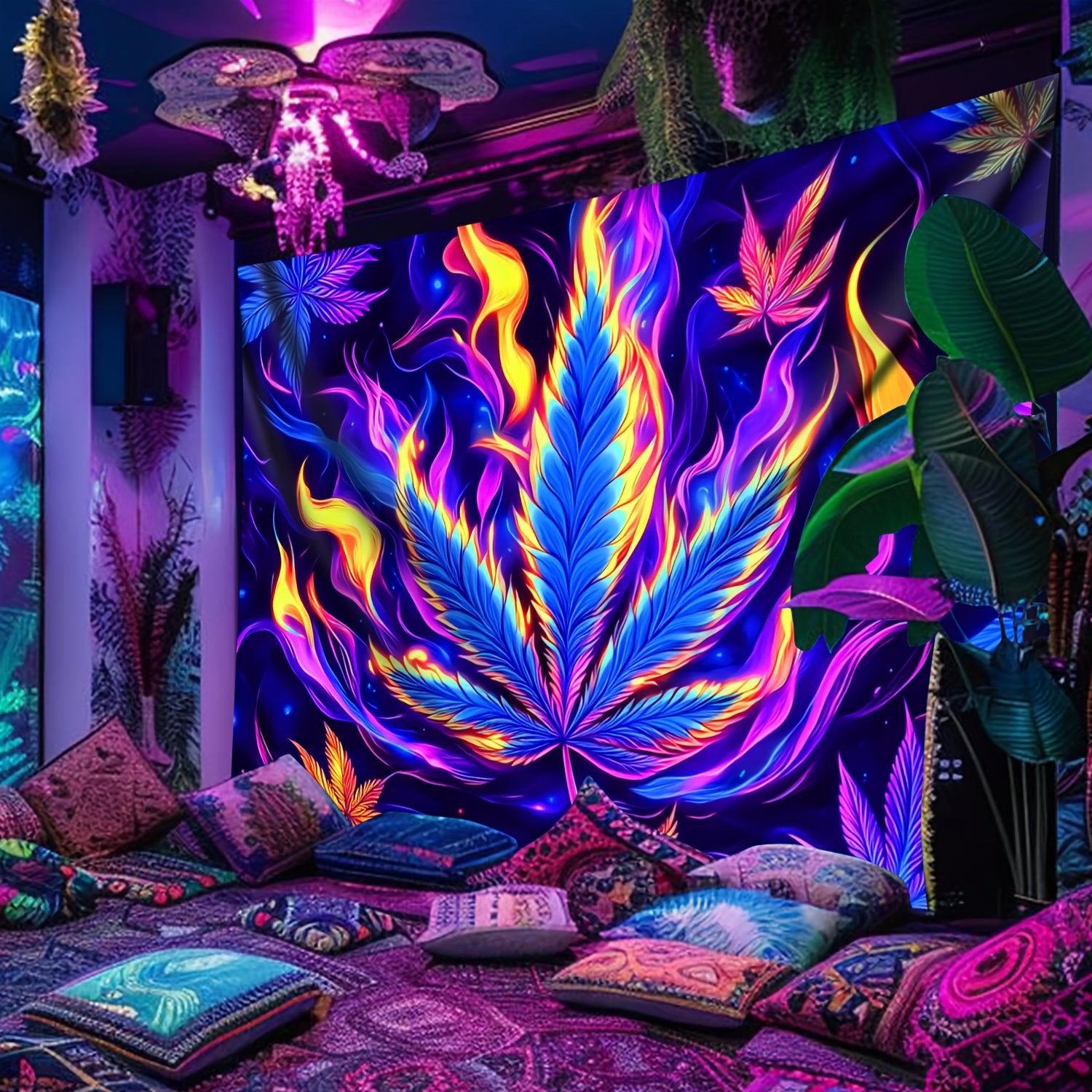 Simpkeely Flame Leaves UV Black Light Tapestry, Large Size Peach Skin Fluorescent Tapestry, Bedroom Aesthetic Hanging Tapestry for Party Festival, Bedroom Office Living Room Home Decor, Wall Decoration