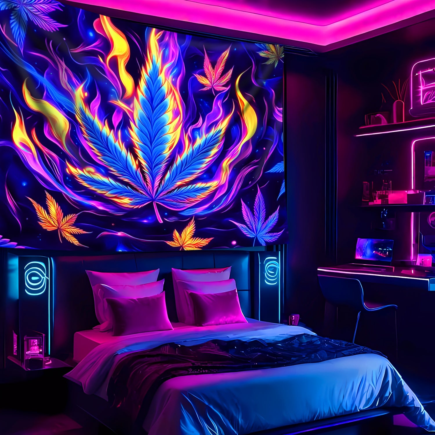 Simpkeely Flame Leaves UV Black Light Tapestry, Large Size Peach Skin Fluorescent Tapestry, Bedroom Aesthetic Hanging Tapestry for Party Festival, Bedroom Office Living Room Home Decor, Wall Decoration