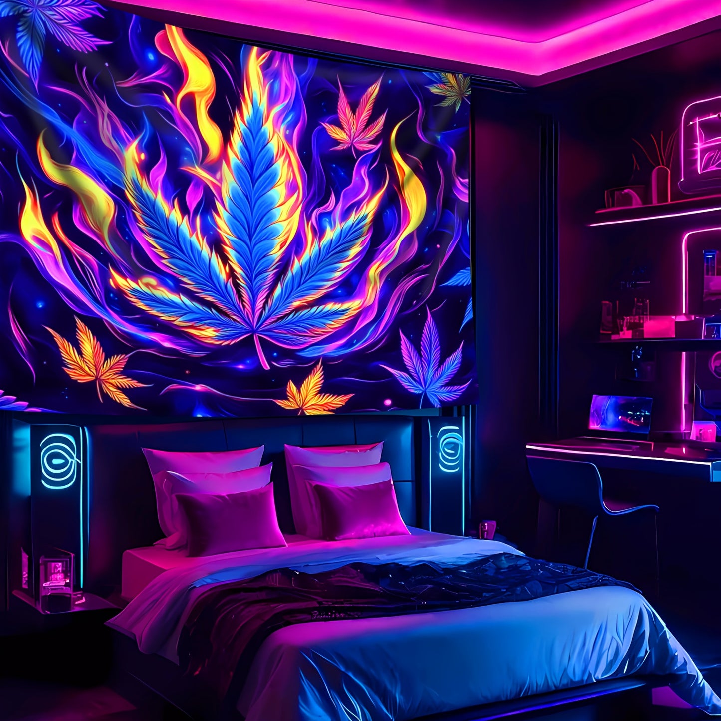 Simpkeely Flame Leaves UV Black Light Tapestry, Large Size Peach Skin Fluorescent Tapestry, Bedroom Aesthetic Hanging Tapestry for Party Festival, Bedroom Office Living Room Home Decor, Wall Decoration
