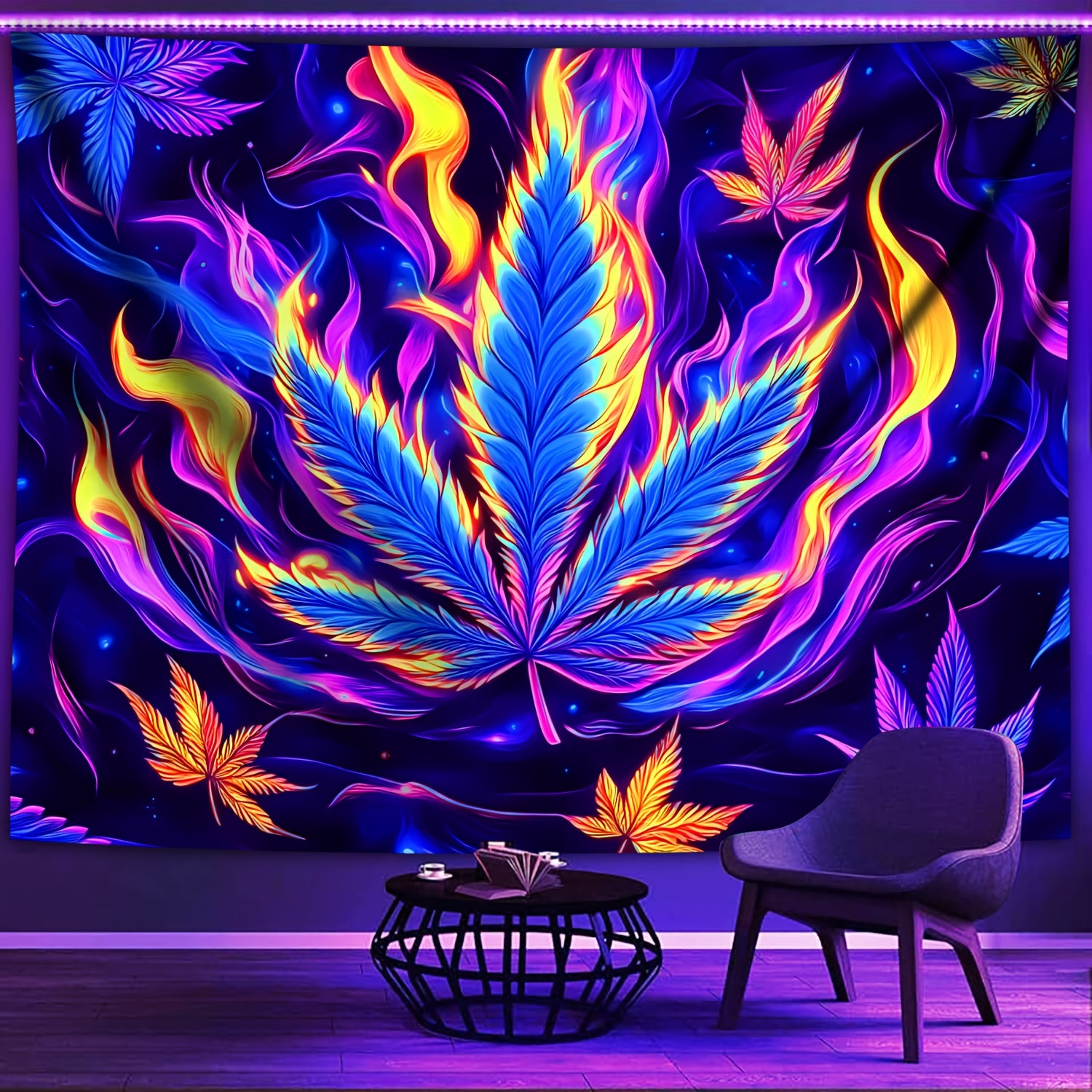 Simpkeely Flame Leaves UV Black Light Tapestry, Large Size Peach Skin Fluorescent Tapestry, Bedroom Aesthetic Hanging Tapestry for Party Festival, Bedroom Office Living Room Home Decor, Wall Decoration