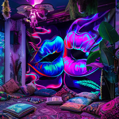 Simpkeely Sexy Lip Leaves UV Black Light Tapestry, Large Size Peach Skin Fluorescent Tapestry, Bedroom Aesthetic Hanging Tapestry for Party Festival, Bedroom Office Living Room Home Decor, Wall Decoration