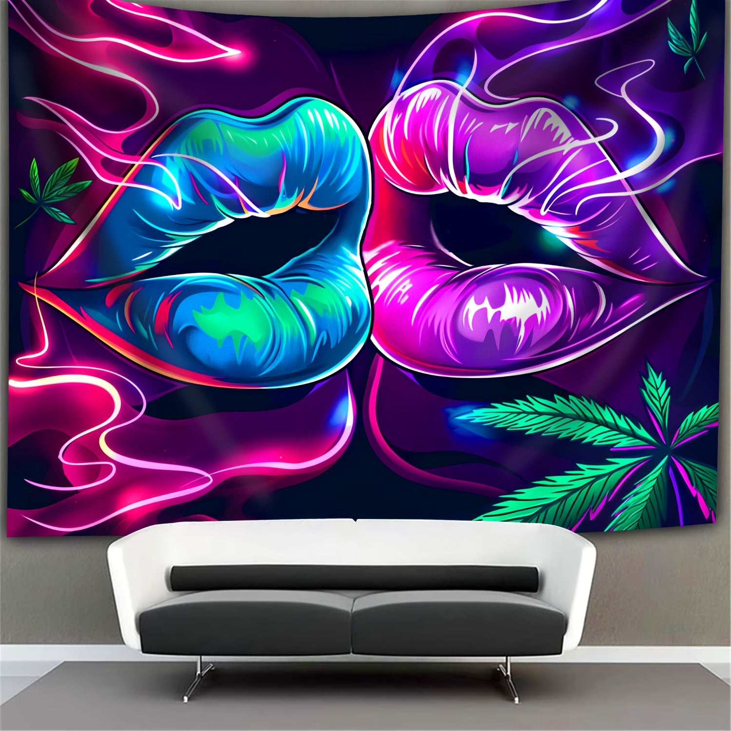 Simpkeely Sexy Lip Leaves UV Black Light Tapestry, Large Size Peach Skin Fluorescent Tapestry, Bedroom Aesthetic Hanging Tapestry for Party Festival, Bedroom Office Living Room Home Decor, Wall Decoration