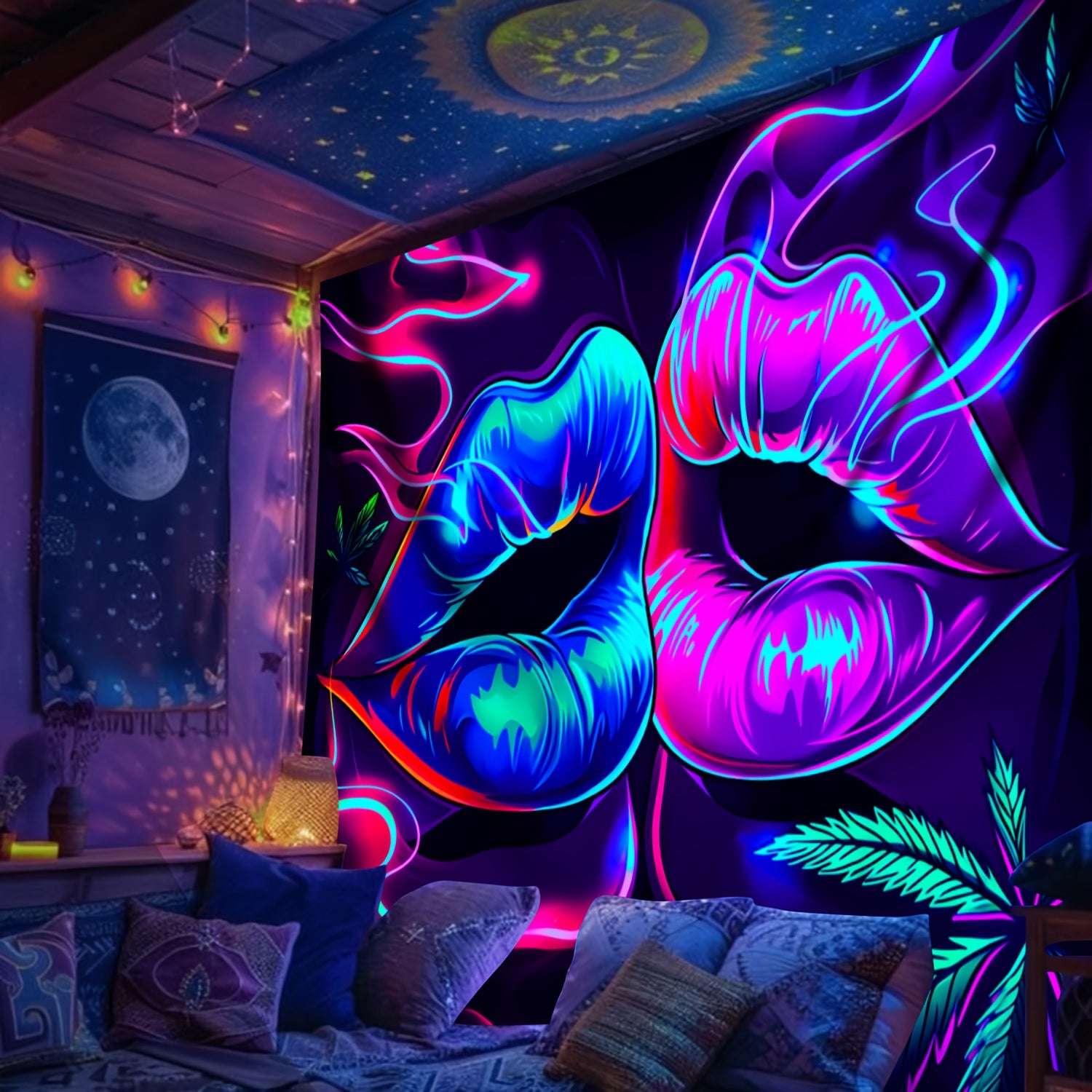 Simpkeely Sexy Lip Leaves UV Black Light Tapestry, Large Size Peach Skin Fluorescent Tapestry, Bedroom Aesthetic Hanging Tapestry for Party Festival, Bedroom Office Living Room Home Decor, Wall Decoration