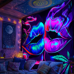 Simpkeely Sexy Lip Leaves UV Black Light Tapestry, Large Size Peach Skin Fluorescent Tapestry, Bedroom Aesthetic Hanging Tapestry for Party Festival, Bedroom Office Living Room Home Decor, Wall Decoration
