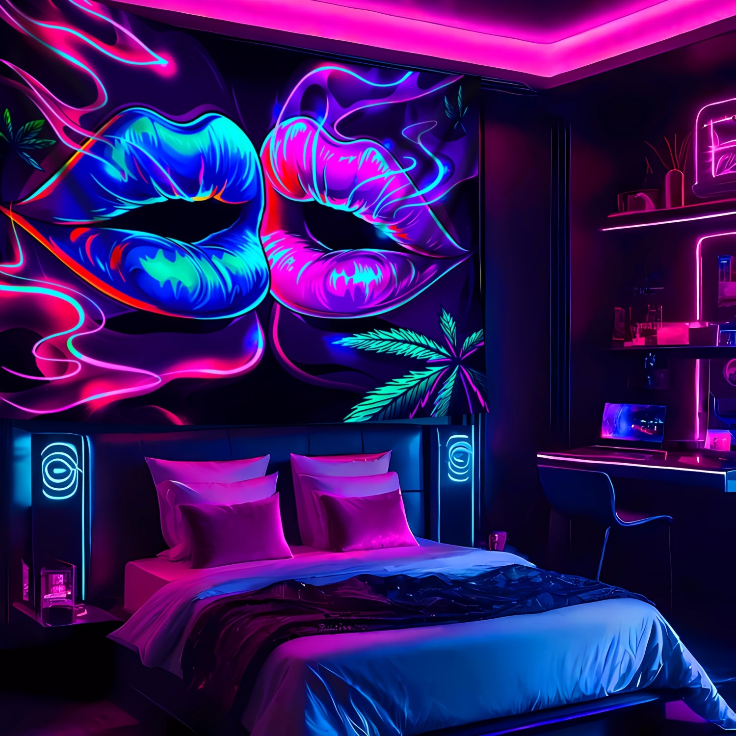 Simpkeely Sexy Lip Leaves UV Black Light Tapestry, Large Size Peach Skin Fluorescent Tapestry, Bedroom Aesthetic Hanging Tapestry for Party Festival, Bedroom Office Living Room Home Decor, Wall Decoration