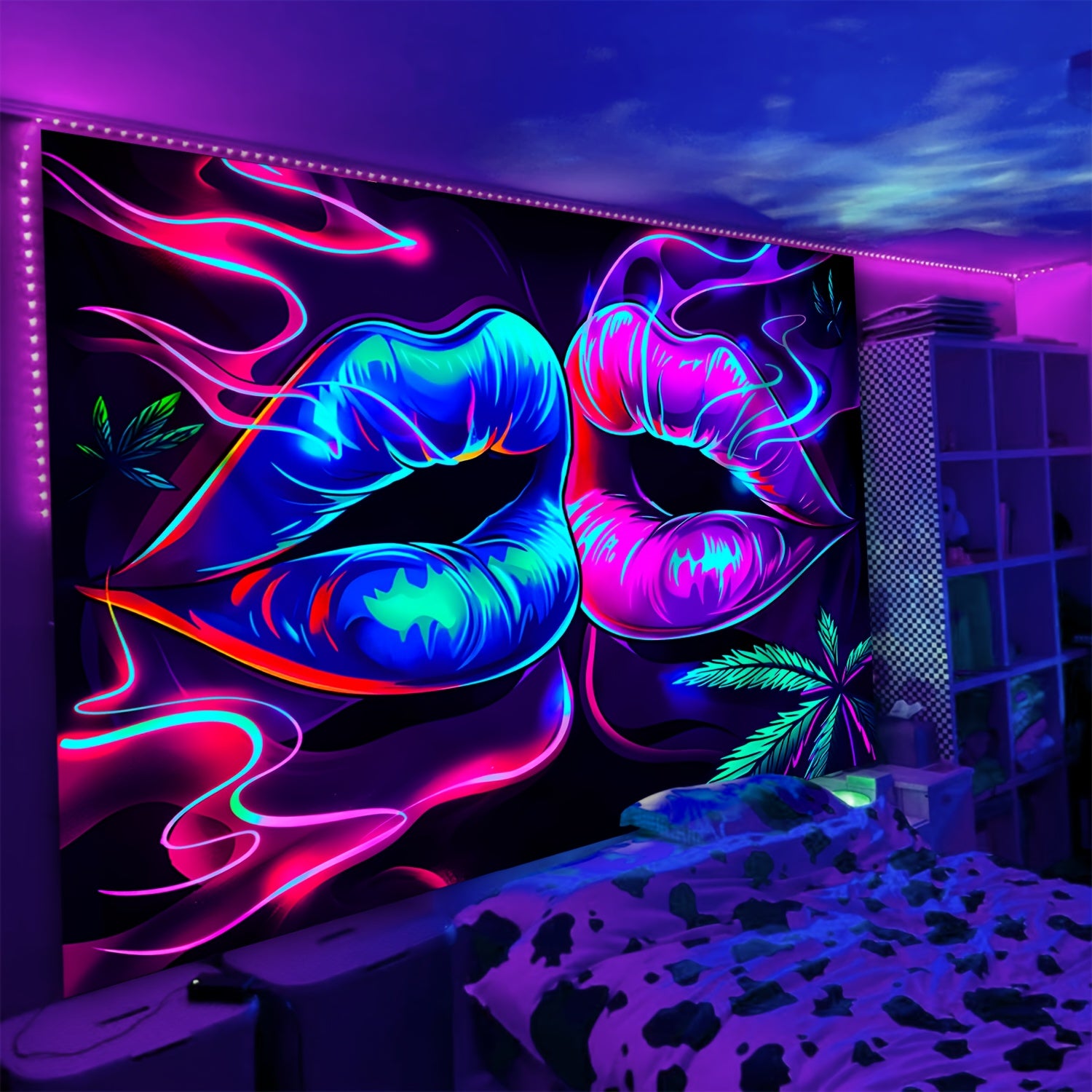Simpkeely Sexy Lip Leaves UV Black Light Tapestry, Large Size Peach Skin Fluorescent Tapestry, Bedroom Aesthetic Hanging Tapestry for Party Festival, Bedroom Office Living Room Home Decor, Wall Decoration