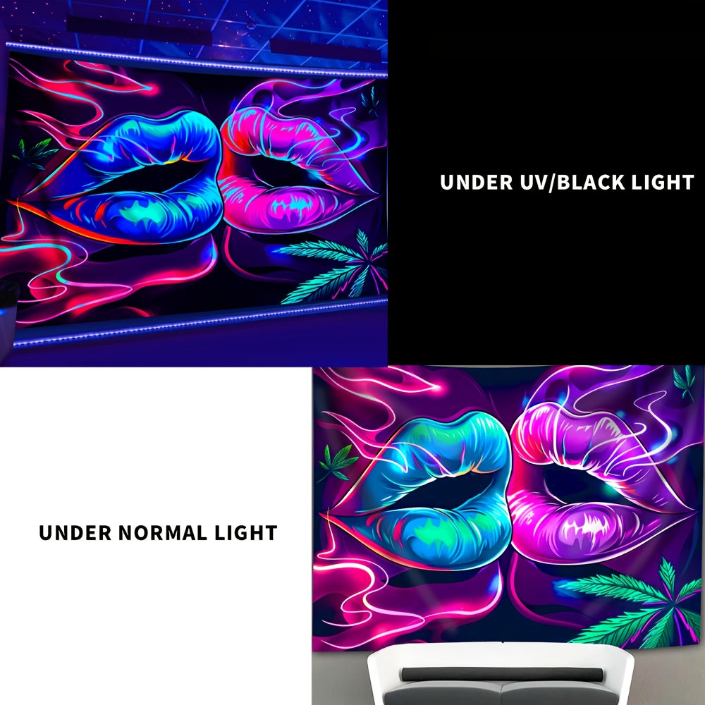Simpkeely Sexy Lip Leaves UV Black Light Tapestry, Large Size Peach Skin Fluorescent Tapestry, Bedroom Aesthetic Hanging Tapestry for Party Festival, Bedroom Office Living Room Home Decor, Wall Decoration