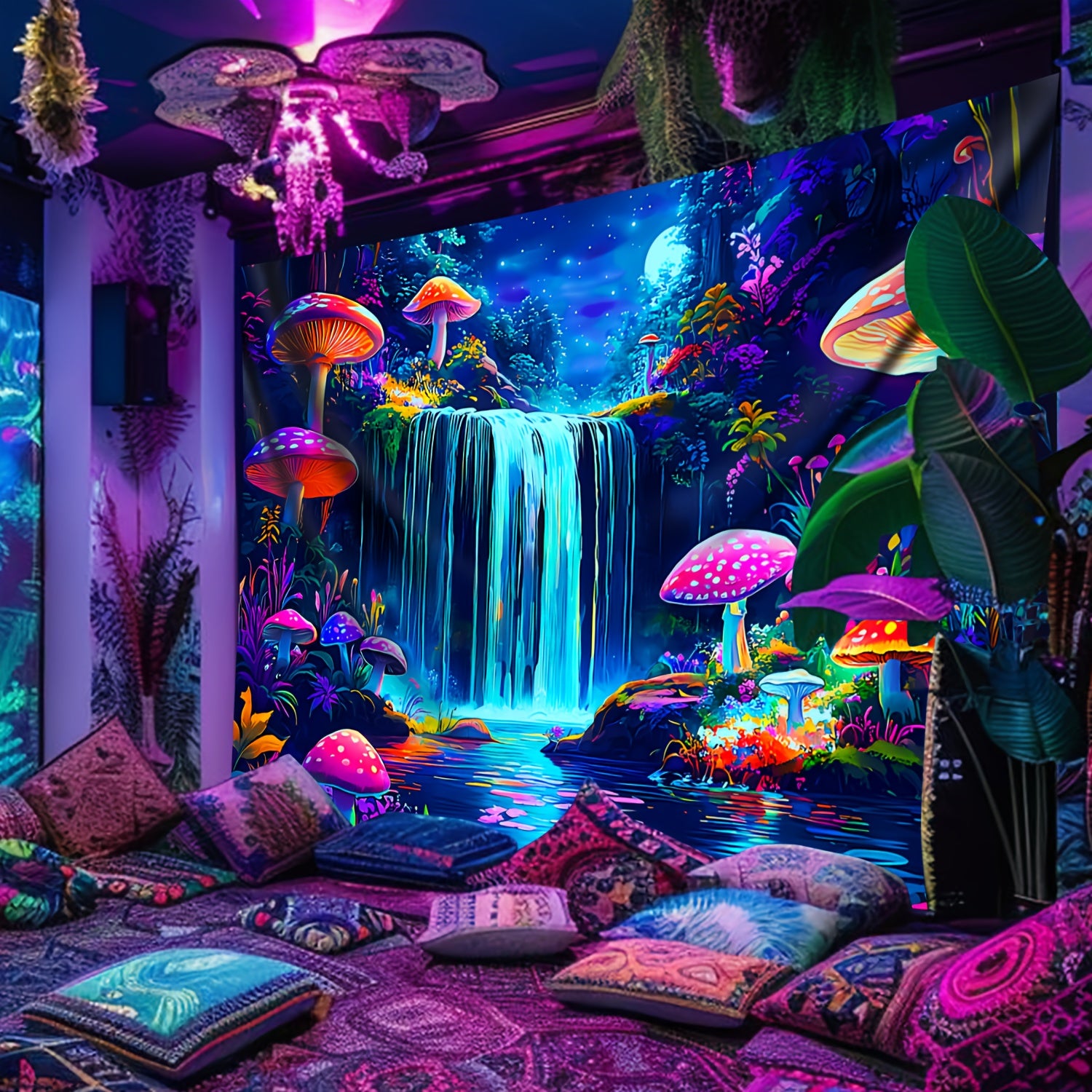 Simpkeely Mushroom Mountains Water UV Black Light Tapestry - Large Size Peach Skin Fluorescent Tapestry - Bedroom Aesthetic Hanging Tapestry For Party Festival, Bedroom Office Living Room Home Decor, Wall Decoration