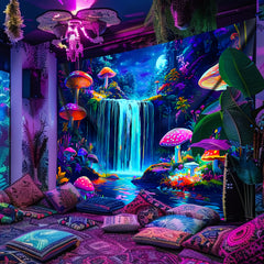 Simpkeely Mushroom Mountains Water UV Black Light Tapestry - Large Size Peach Skin Fluorescent Tapestry - Bedroom Aesthetic Hanging Tapestry For Party Festival, Bedroom Office Living Room Home Decor, Wall Decoration