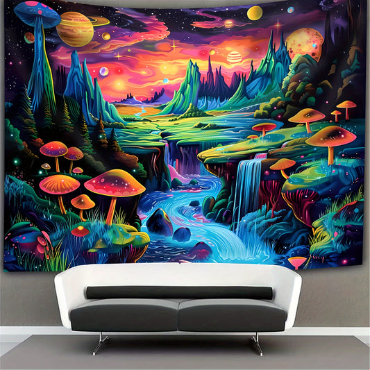 Simpkeely Mushroom Forest Plants Fluorescent Tapestry, Large Size Starry Landscape Colorful Aesthetics Polyster UV BlackLight Tapestry, Wall Hanging For Living Room Bedroom Office Home Decor/Room Decor/Party Decor, Holiday Gift