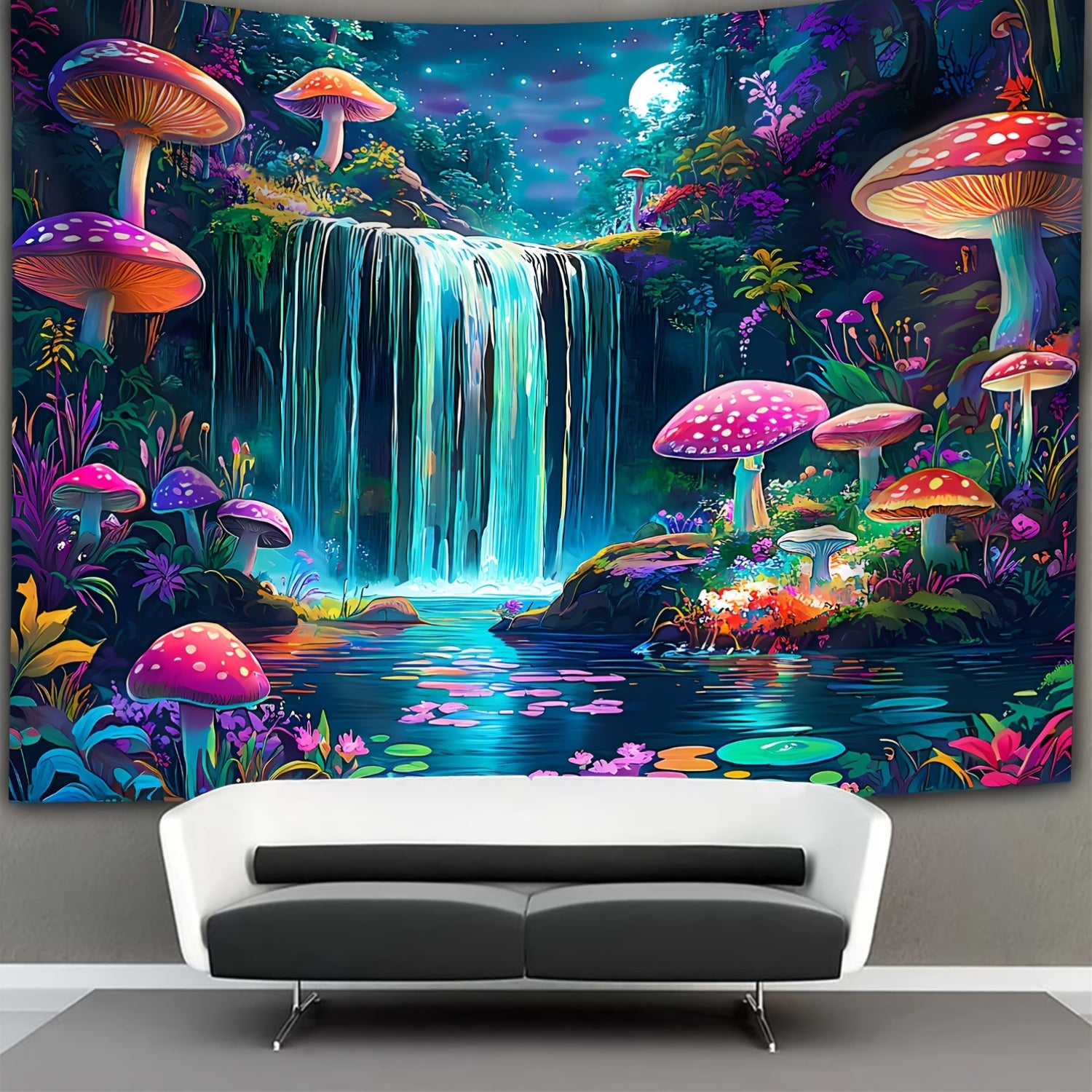 Simpkeely Mushroom Mountains Water UV Black Light Tapestry - Large Size Peach Skin Fluorescent Tapestry - Bedroom Aesthetic Hanging Tapestry For Party Festival, Bedroom Office Living Room Home Decor, Wall Decoration