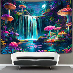 Simpkeely Mushroom Mountains Water UV Black Light Tapestry - Large Size Peach Skin Fluorescent Tapestry - Bedroom Aesthetic Hanging Tapestry For Party Festival, Bedroom Office Living Room Home Decor, Wall Decoration