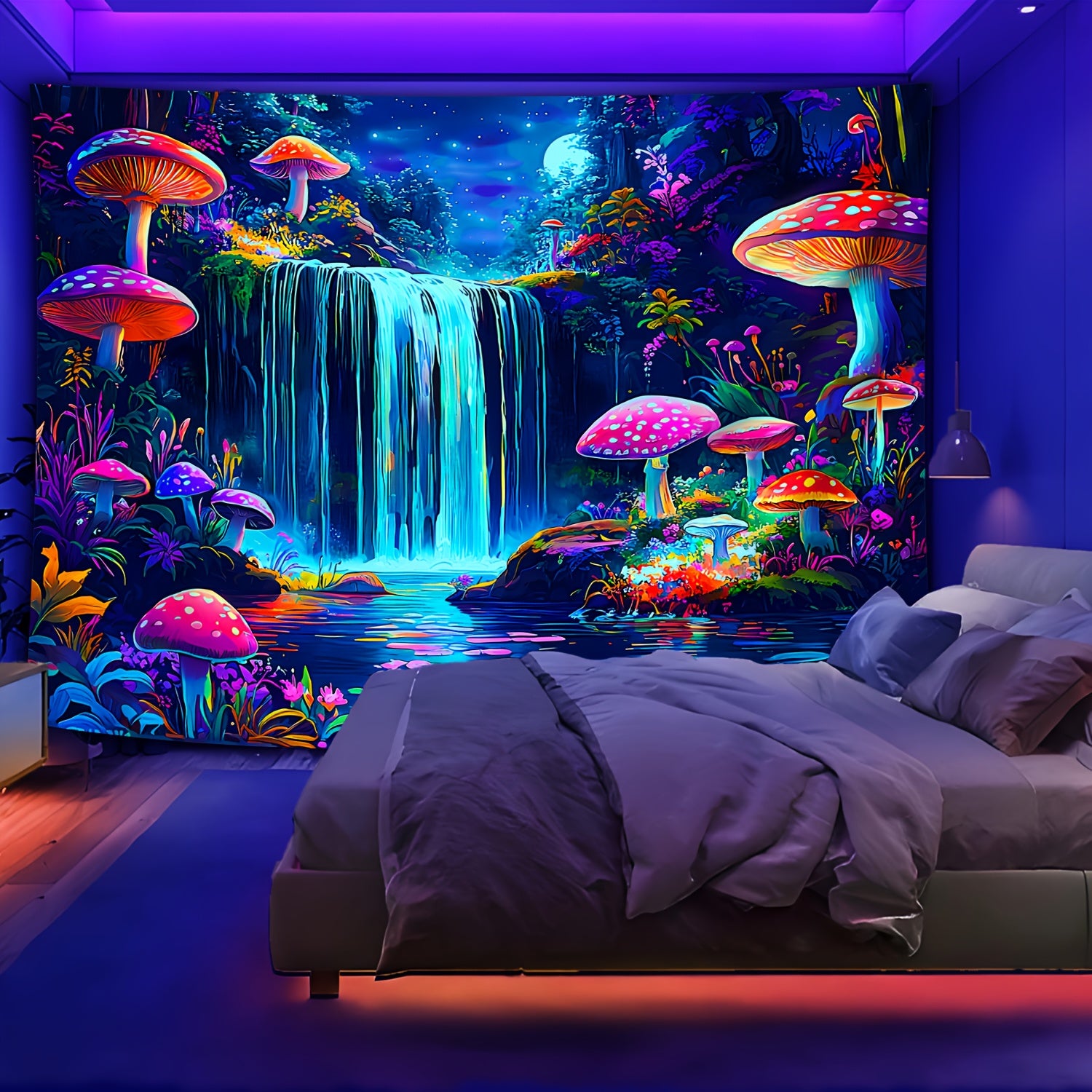 Simpkeely Mushroom Mountains Water UV Black Light Tapestry - Large Size Peach Skin Fluorescent Tapestry - Bedroom Aesthetic Hanging Tapestry For Party Festival, Bedroom Office Living Room Home Decor, Wall Decoration