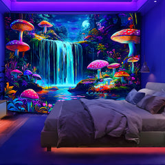 Simpkeely Mushroom Mountains Water UV Black Light Tapestry - Large Size Peach Skin Fluorescent Tapestry - Bedroom Aesthetic Hanging Tapestry For Party Festival, Bedroom Office Living Room Home Decor, Wall Decoration