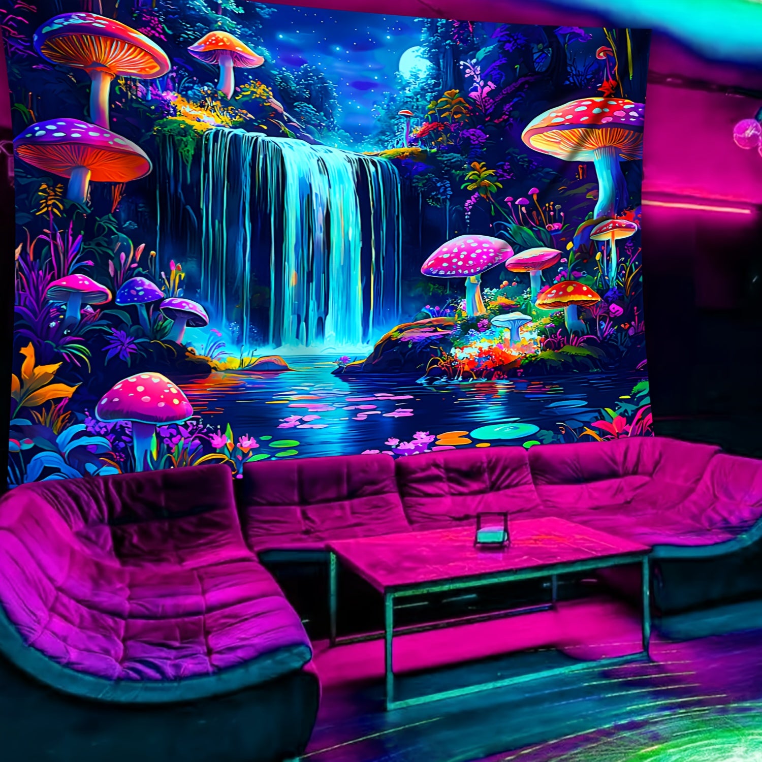 Simpkeely Mushroom Mountains Water UV Black Light Tapestry - Large Size Peach Skin Fluorescent Tapestry - Bedroom Aesthetic Hanging Tapestry For Party Festival, Bedroom Office Living Room Home Decor, Wall Decoration
