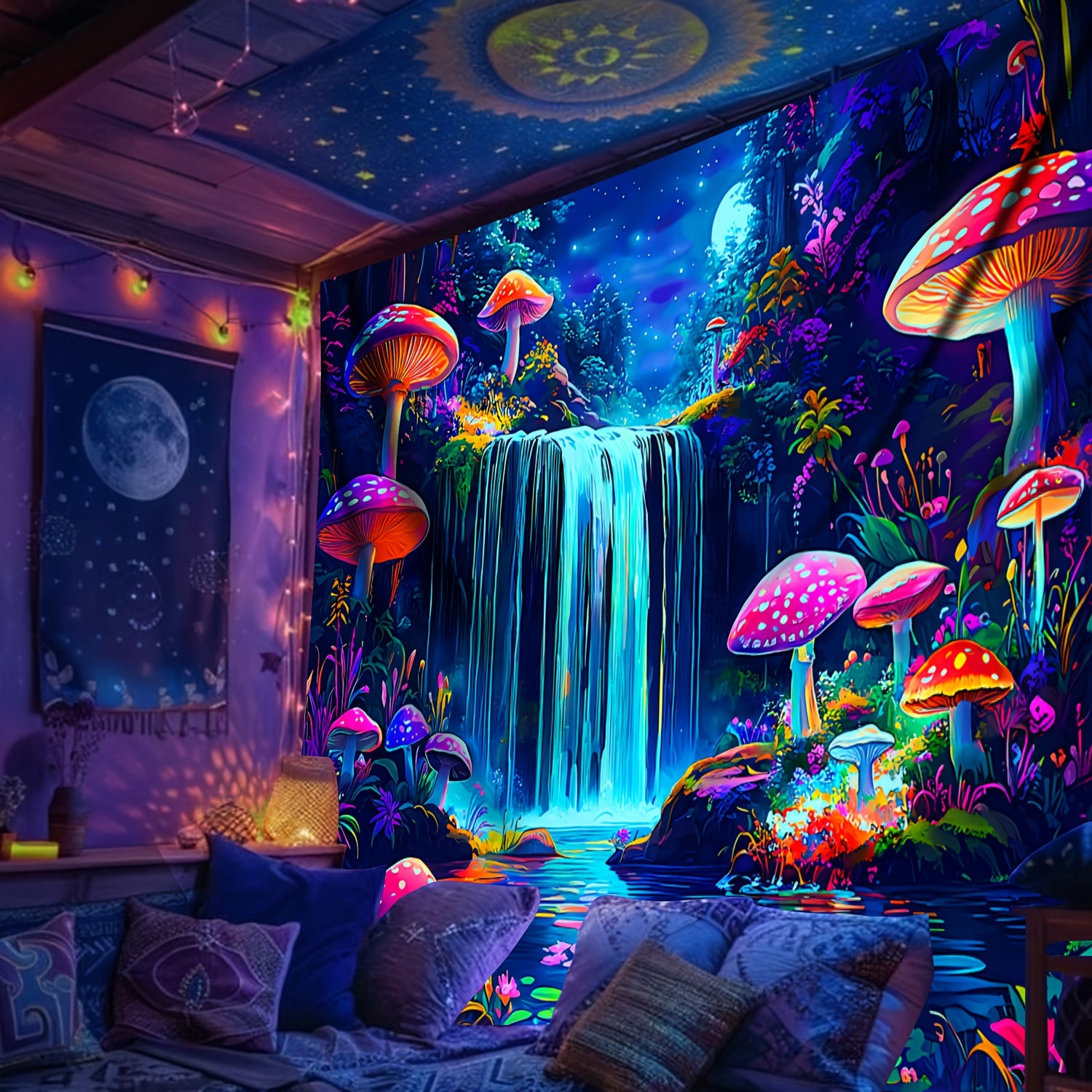 Simpkeely Mushroom Mountains Water UV Black Light Tapestry - Large Size Peach Skin Fluorescent Tapestry - Bedroom Aesthetic Hanging Tapestry For Party Festival, Bedroom Office Living Room Home Decor, Wall Decoration