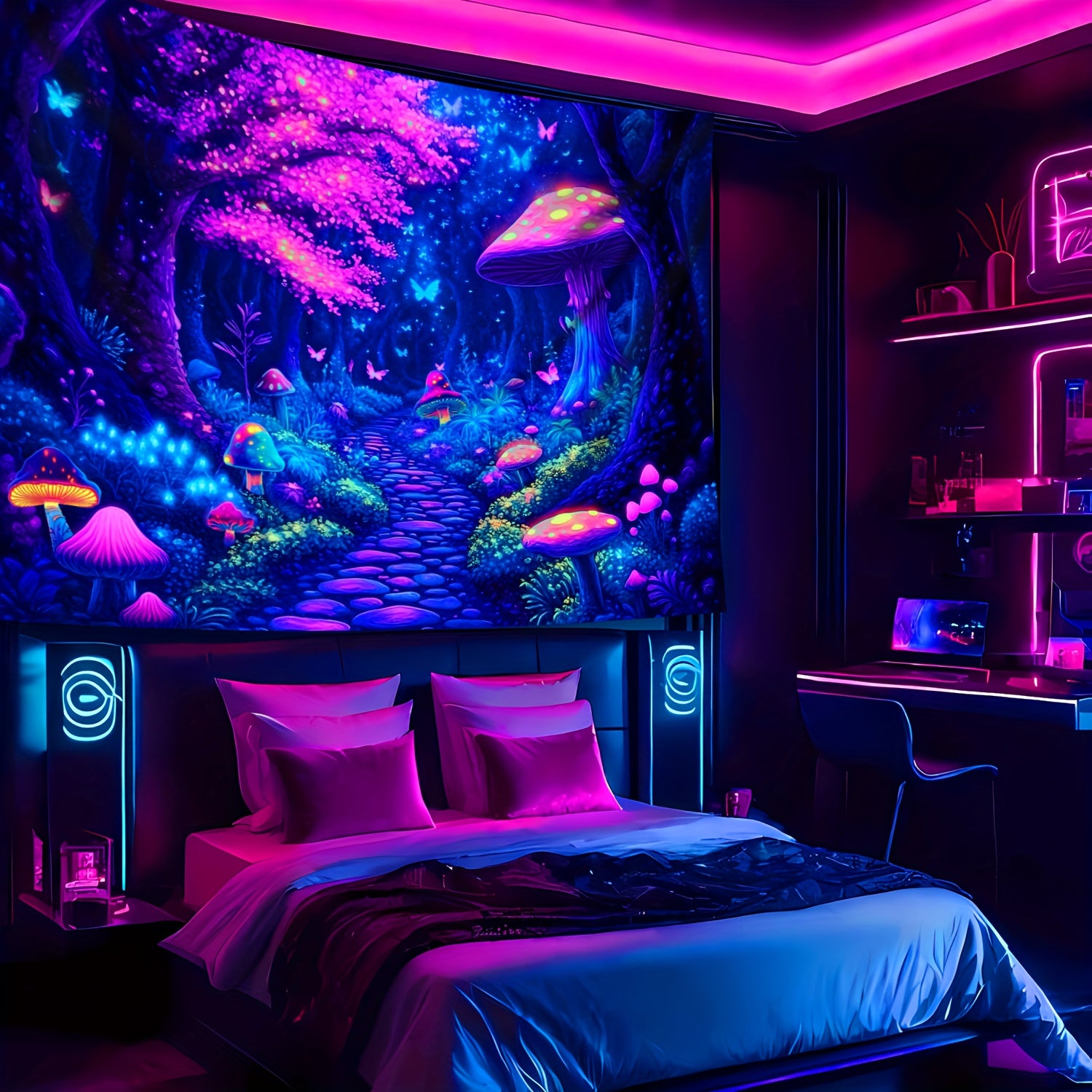 Simpkeely Jungle Mushroom UV Black Light Tapestry, Large Size Peach Skin Fluorescent Tapestry, Bedroom Aesthetic Hanging Tapestry for Party Festival, Bedroom Office Living Room Home Decor, Wall Decoration