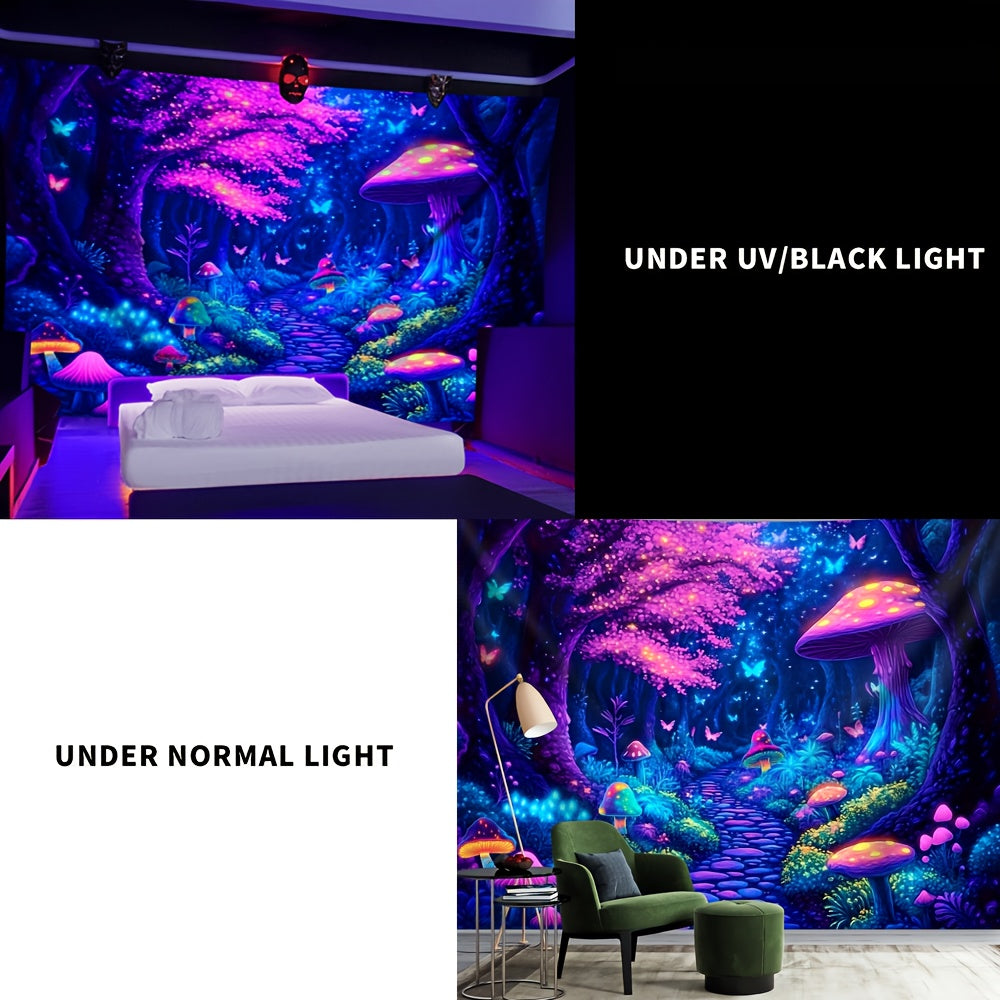 Simpkeely Jungle Mushroom UV Black Light Tapestry, Large Size Peach Skin Fluorescent Tapestry, Bedroom Aesthetic Hanging Tapestry for Party Festival, Bedroom Office Living Room Home Decor, Wall Decoration