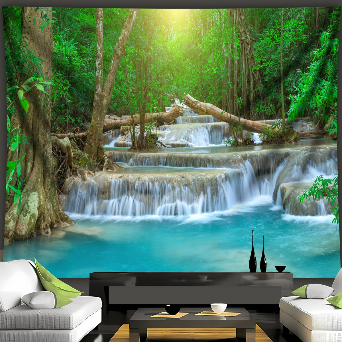 Simpkeely Forest Waterfall Flowing Water Landscape Photo Background Cloth Wall Hanging Large Size Polyester Tapestry For Living Room Bedroom Office Home Room Party Decoration Live Streaming Background Tapestry With Free Hanging Clips