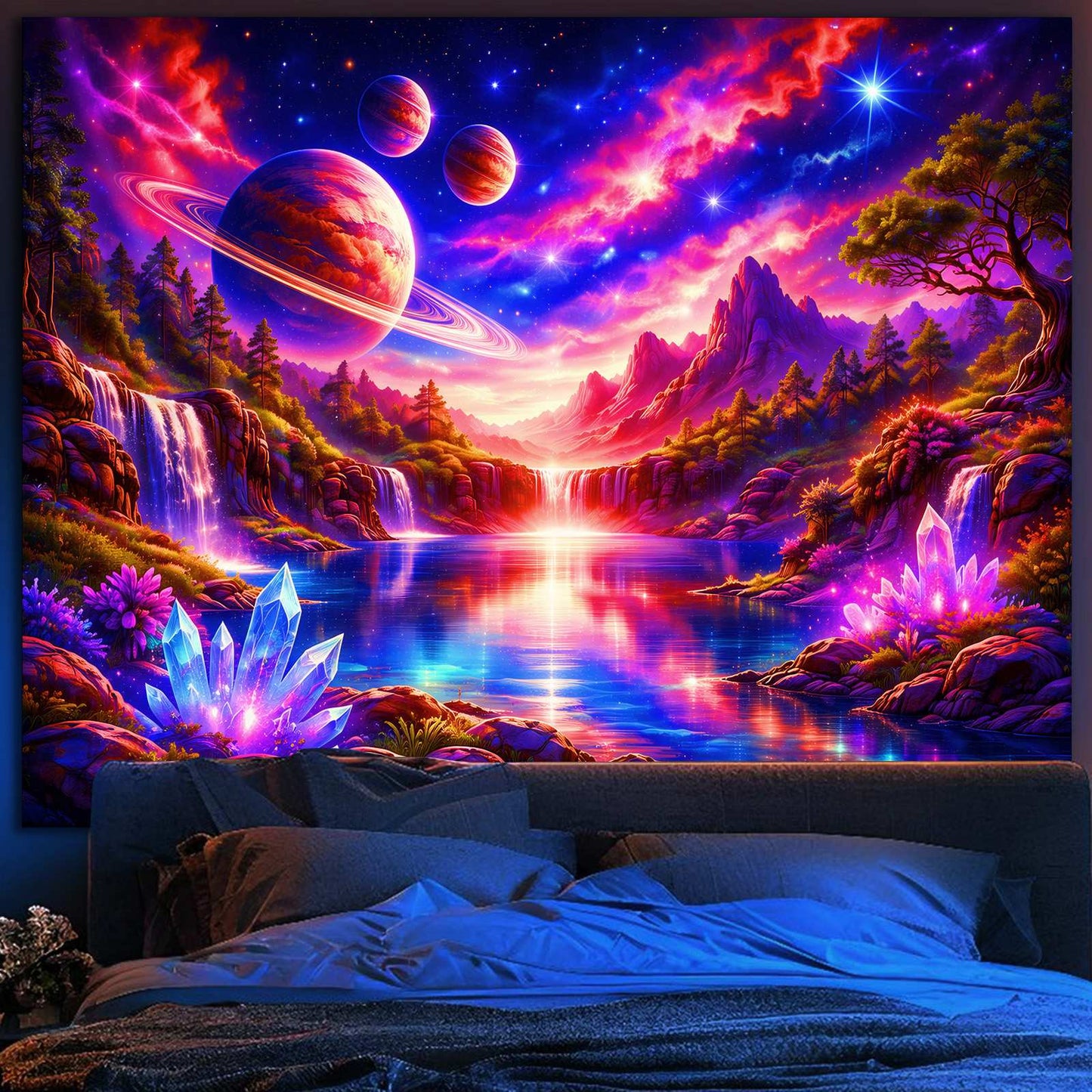 Celestial Falls tapestry mounted on a bedroom wall, creating a cosmic atmosphere.