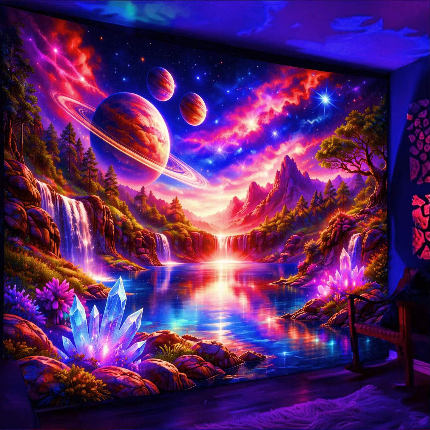 Full view of Celestial Falls UV reactive tapestry with glowing planets and waterfalls.