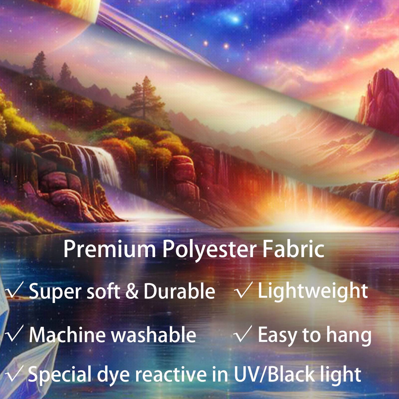 Celestial Falls tapestry hanging above a bed, showing its impressive size and scale.