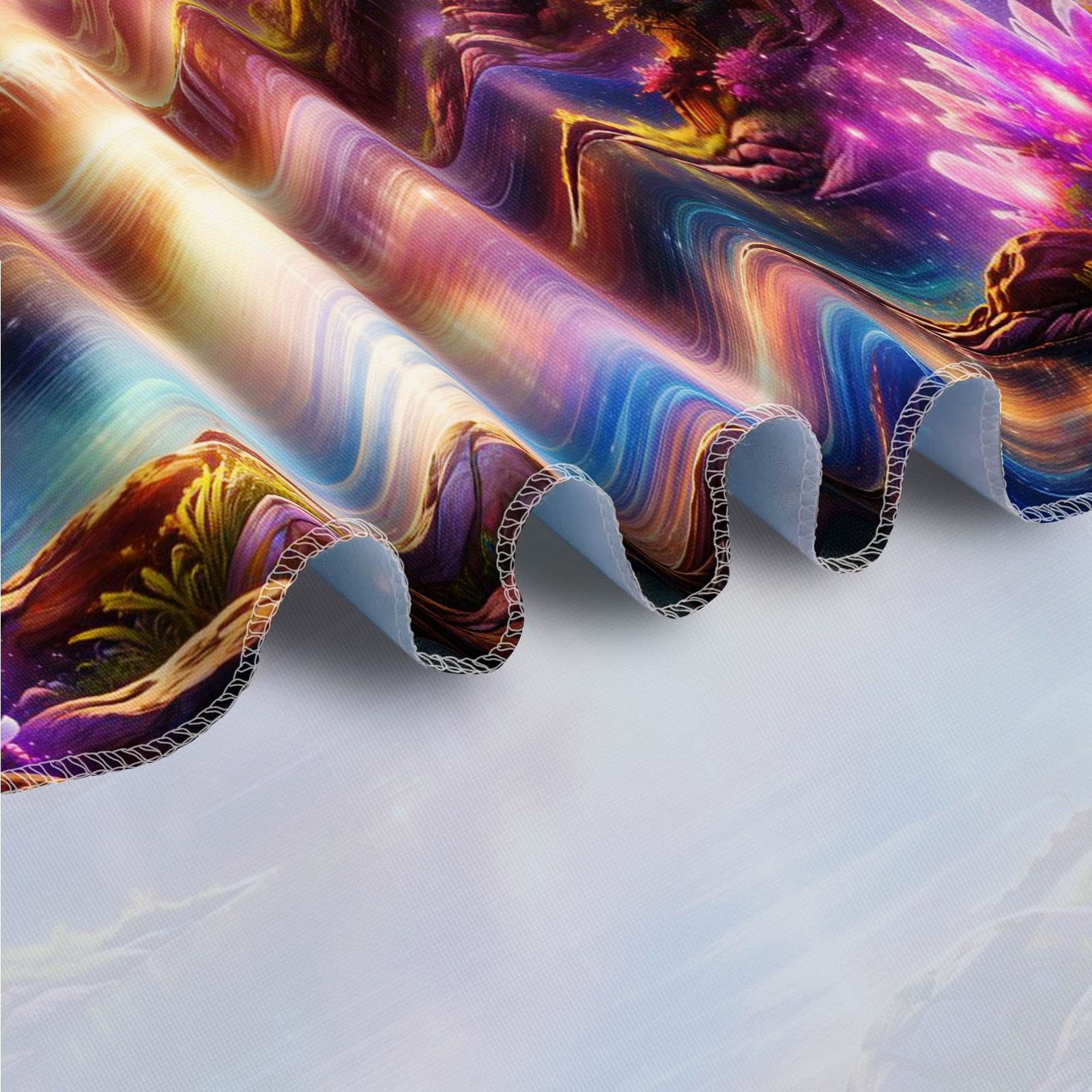 Close-up of the soft polyester fabric and vivid print of the Celestial Falls tapestry.