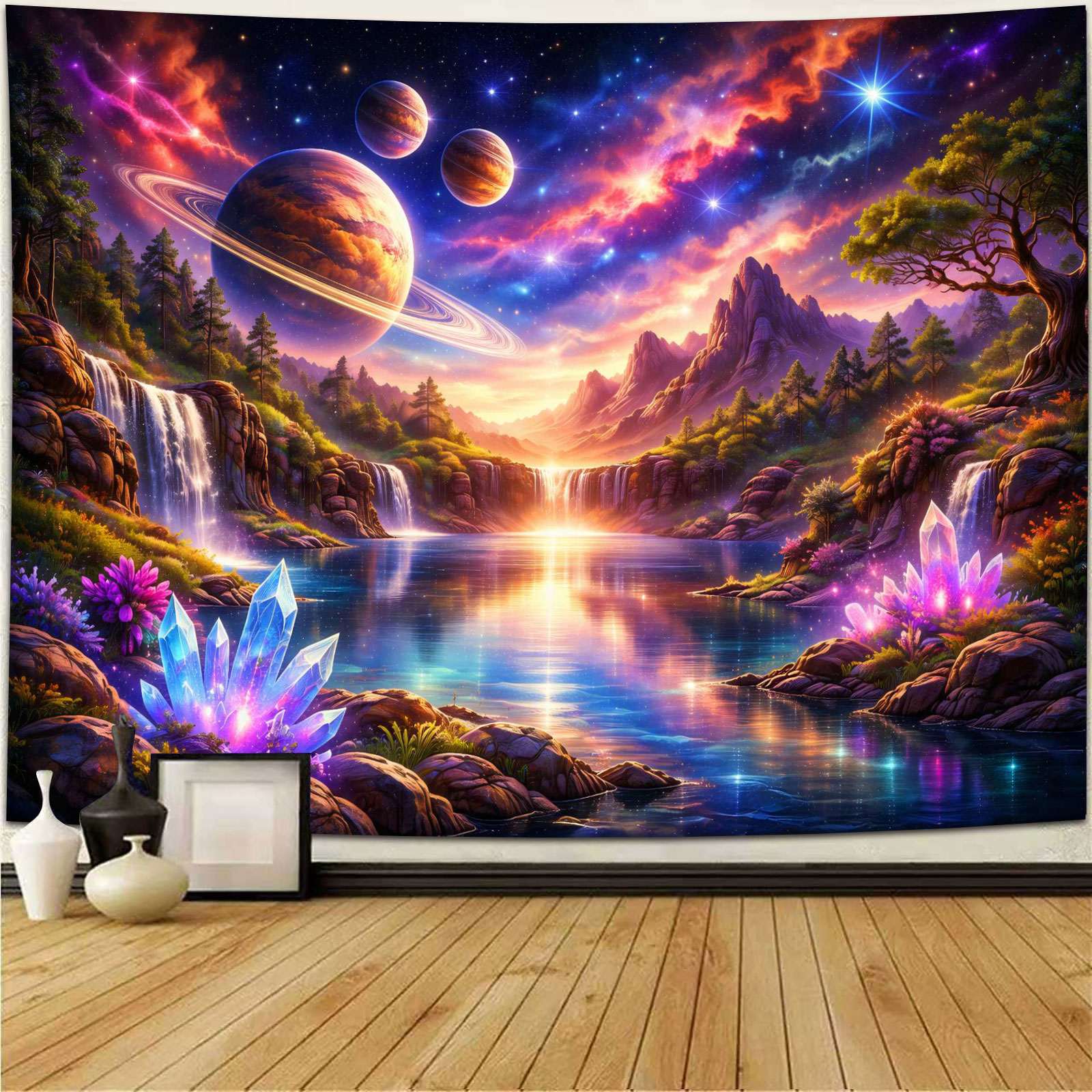 Celestial Falls tapestry glowing vibrantly under UV blacklight, showcasing neon colors.