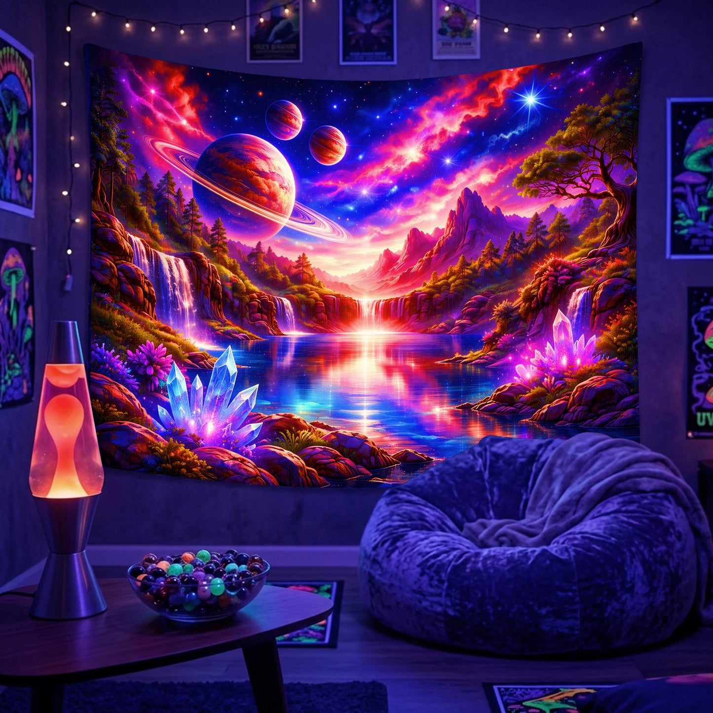 Immersive room shot featuring the Celestial Falls blacklight tapestry as decor.