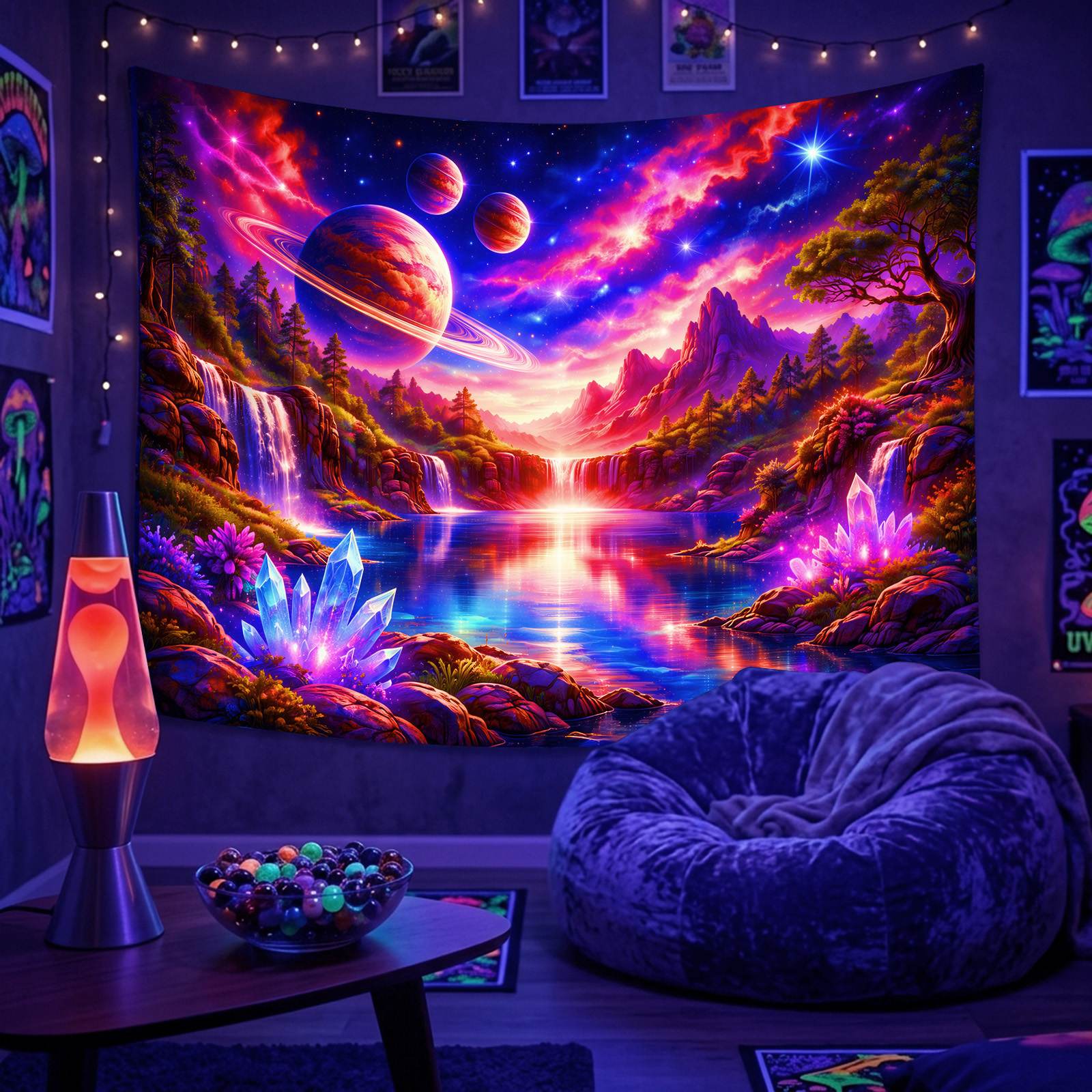 Immersive room shot featuring the Celestial Falls blacklight tapestry as decor.