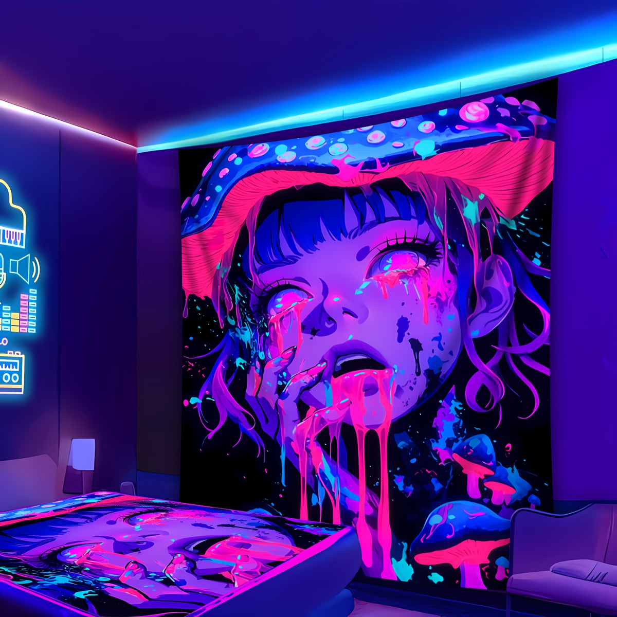 Simpkeely Mushroom Girl UV Black Light Tapestry, Large Size Peach Skin Fluorescent Tapestry, Bedroom Aesthetic Hanging Tapestry For Party Festival, Bedroom Office Living Room Home Decor, Wall Decoration