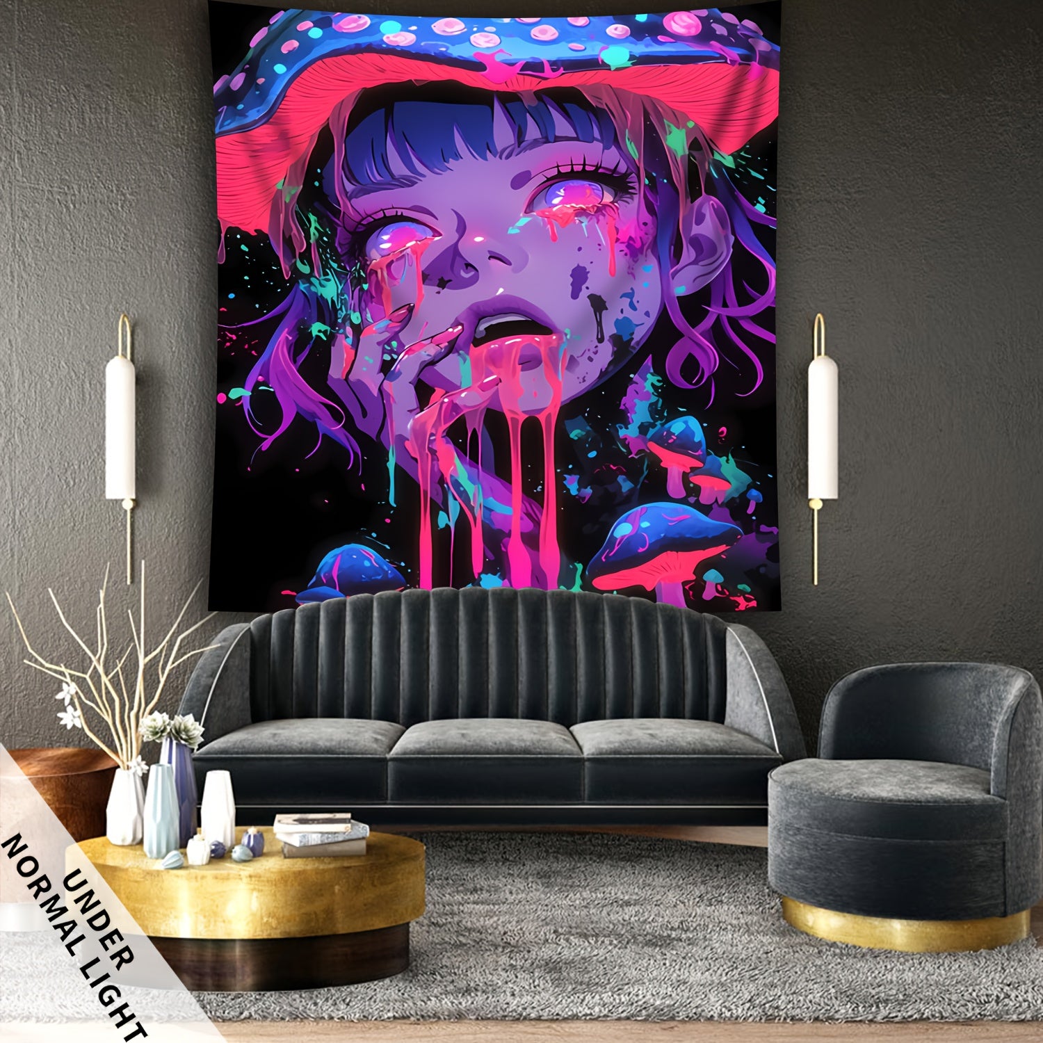 Simpkeely Mushroom Girl UV Black Light Tapestry, Large Size Peach Skin Fluorescent Tapestry, Bedroom Aesthetic Hanging Tapestry For Party Festival, Bedroom Office Living Room Home Decor, Wall Decoration