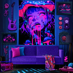 Simpkeely Mushroom Girl UV Black Light Tapestry, Large Size Peach Skin Fluorescent Tapestry, Bedroom Aesthetic Hanging Tapestry For Party Festival, Bedroom Office Living Room Home Decor, Wall Decoration