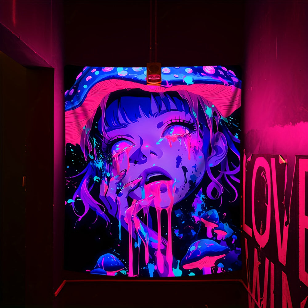Simpkeely Mushroom Girl UV Black Light Tapestry, Large Size Peach Skin Fluorescent Tapestry, Bedroom Aesthetic Hanging Tapestry For Party Festival, Bedroom Office Living Room Home Decor, Wall Decoration